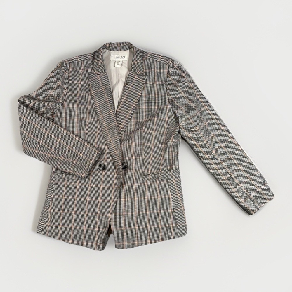 Rachel Zoe Blazer Womens L Grey Plaid Double Button Notched Lapel Lined Jacket